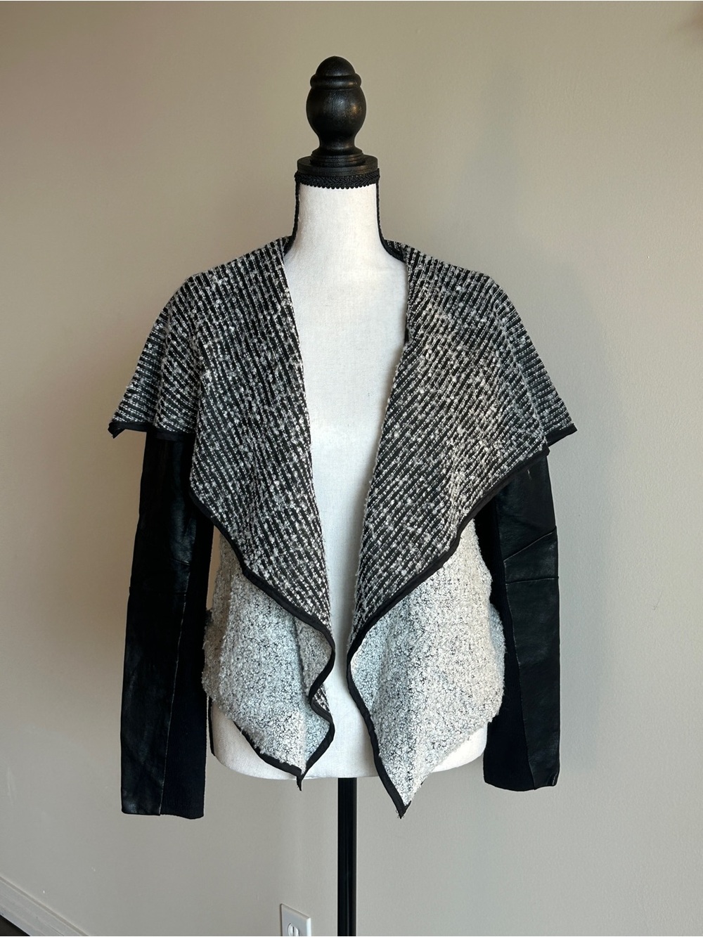 Open-Front Black & Gray Kit Faux Leather Sleeve Waterfall Jacket Small
